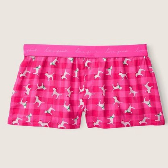 Vs Victorias Secret Pink Flannel Sleep Boxy Short Shortie Pink Dog Plaid XXL - Picture 3 of 4